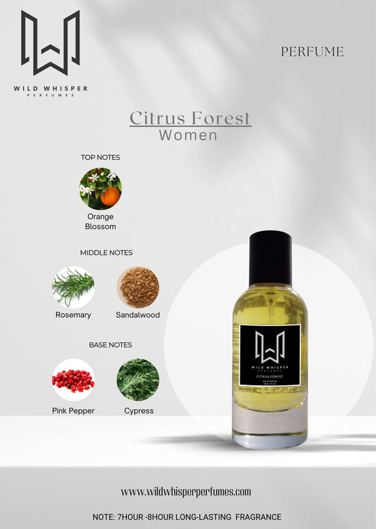 Wild Whisper Citrus Forest Perfume for Women featuring orange blossom, rosemary, sandelwood, pink pepper and cypress notes