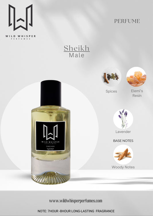 Wild Whisper Sheikh Perfume for men with Spices, Emeli's resin, Lavender and Woody notes in an elegant bottle.