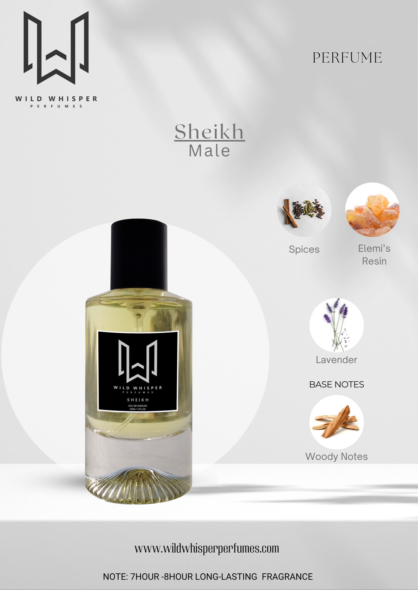 Wild Whisper Sheikh Perfume for men with Spices, Emeli's resin, Lavender and  Woody notes in an elegant bottle.
